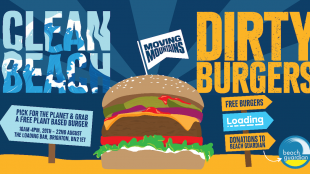 Graphic poster depicting a cartoon burger with a flag on top reading 'Moving Mountains.' The words Clean Beach read to the left of the burger and 'Dirty Burger' reads to the right of the burger. Moving Mountains beach clean campaign