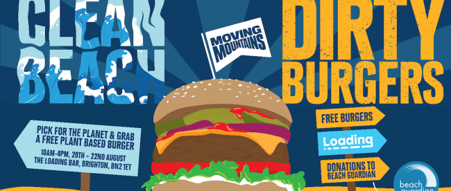 Graphic poster depicting a cartoon burger with a flag on top reading 'Moving Mountains.' The words Clean Beach read to the left of the burger and 'Dirty Burger' reads to the right of the burger. Moving Mountains beach clean campaign