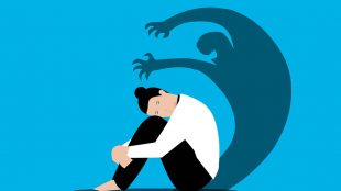 Graphic showing woman sitting on floor looking sad whilst her shadow behind her is kind of evil looking