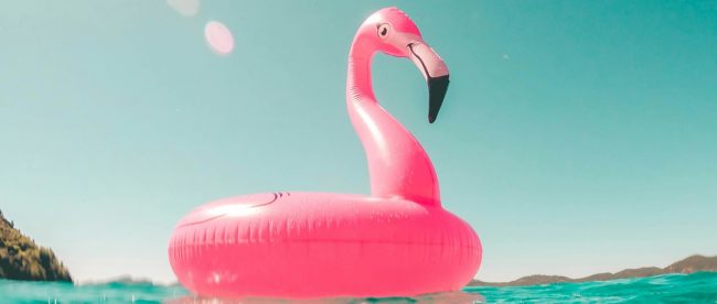 European holidays for summer 2024 - article on Title Sussex Magazine www.titlesussex.co.uk Image shows inflatable flamingo floating in a summery sea
