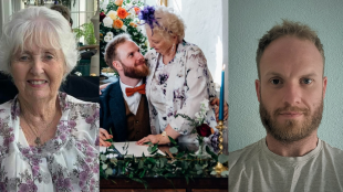 Three images. Left to right: elderly woman with short white hair (Jean Misselbrook), young man in suit sat with his arm around elderly woman dressed in floral wedding outfit, a selfie of 30-something man with dark blonde hair and cropped beard. Southwick Players Muswell Hill play