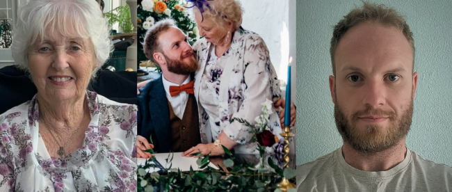 The touching family story behind Southwick Player's upcoming play - read on Title Sussex www.titlesussex.co.uk Three images. Left to right: elderly woman with short white hair (Jean Misselbrook), young man in suit sat with his arm around elderly woman dressed in floral wedding outfit, a selfie of 30-something man with dark blonde hair and cropped beard. Southwick Players Muswell Hill play