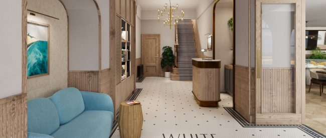Image shows artist's impression of what the new hotel reception will look like, light and airy