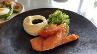 Plate of smoked trout, cucumber pickles, creme fraiche. Rathfinny review Title Sussex Magazine www.titlesussex.co.uk