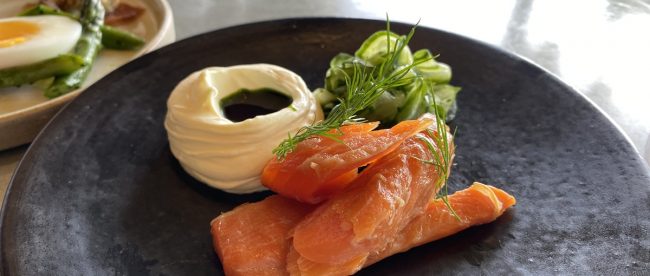 Plate of smoked trout, cucumber pickles, creme fraiche. Rathfinny review Title Sussex Magazine www.titlesussex.co.uk