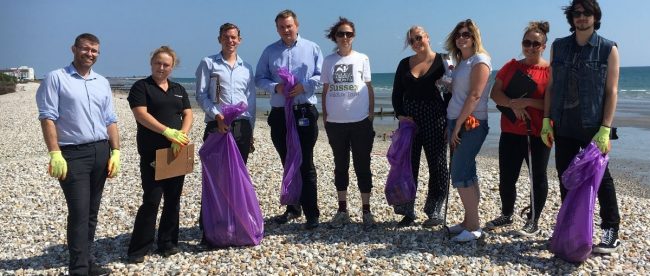 Sussex Wildlife Trust business members taking part in a Wild Work Day beach clean at Bracklesham Bay - Title Sussex - https://titlesussex.co.uk